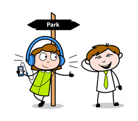 Standing in Park and Listening Music - Retro Office Girl Employee Cartoon Vector Illustration