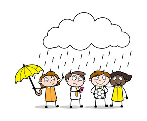 People Standing in Rain - Retro Office Girl Employee Cartoon Vector Illustration