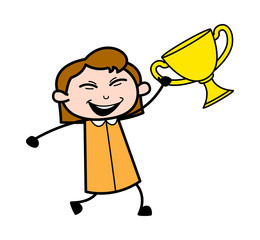 Excited after Getting the Trophy - Retro Office Girl Employee Cartoon Vector Illustration