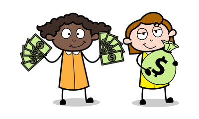 Holding Money - Retro Office Girl Employee Cartoon Vector Illustration