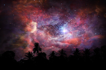 Fototapeta na wymiar blur ancient stardust nebula back on night cloud sunset sky over coconut trees