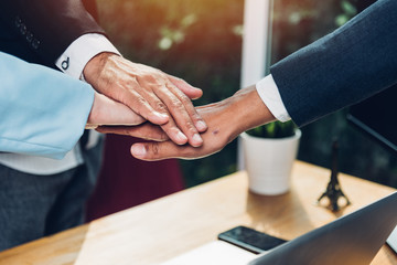 Business group teamwork success after meeting coordination hands