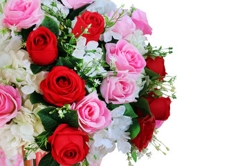 red and pink rose Bouquet flower decorate in wedding fabric