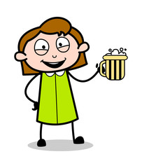 Drinking Beer - Retro Office Girl Employee Cartoon Vector Illustration