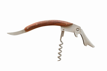 Multi tasking metal and wooden penknife isolated on white background. Pocket many tasking compact penknife.