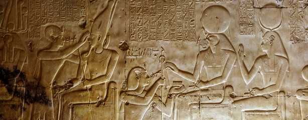Detail of the relief, drawing with hieroglyphs based on the mythology of ancient Egypt - Temple of...