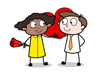 Girl Presenting Rose to Her Boyfriend - Retro Black Office Girl Cartoon Vector Illustration