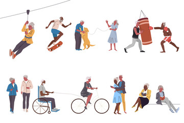 Set of vector illustrations of diverse senior people doing various leisure activities after retirement.