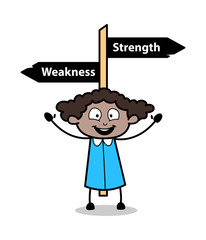 Presenting Weakness and Strength Signboard - Retro Black Office Girl Cartoon Vector Illustration