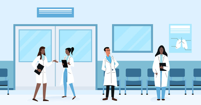 Diverse Health Doctors Practitioners Talking And Standing In Hallway While Working In Hospital Vector Illustration.