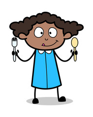 Showing Spoons - Retro Black Office Girl Cartoon Vector Illustration
