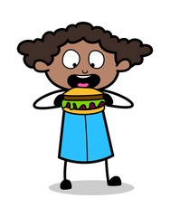 Eating Burger - Retro Black Office Girl Cartoon Vector Illustration