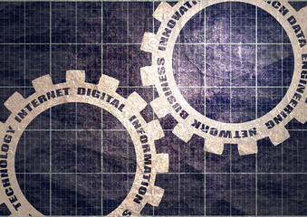 Technology relative words on the mechanism of gears. Communication concept in industrial design.