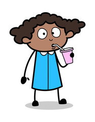 Drinking Energy Drink - Retro Black Office Girl Cartoon Vector Illustration