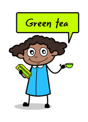 Drinking Green Tea - Retro Black Office Girl Cartoon Vector Illustration