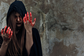 Portrait monster woman ghost and hand have red blood