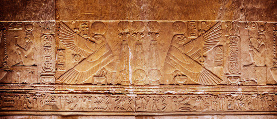 Egypt Dendera Temple of Hathor. Vintage images on the walls of the underground room. Images of God...