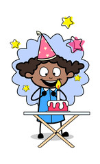 Celebrating Birthday - Retro Black Office Girl Cartoon Vector Illustration