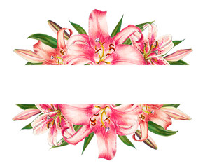 Beautiful pink lily frame. Bouquet of flowers. Floral print. Marker drawing. Watercolor painting. Wedding and birthday festive composition. Greeting card. Painted background. Hand drawn illustration.