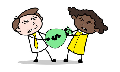 Fighting for Money Bag - Retro Black Office Girl Cartoon Vector Illustration