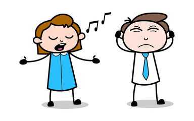 Girl Singing But Boy Getting Irritate - Retro Black Office Girl Cartoon Vector Illustration