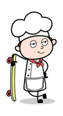 Standing with a Skateboard - Cartoon Waiter Male Chef Vector Illustration