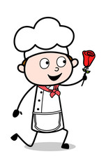 Proposing with a Rose - Cartoon Waiter Male Chef Vector Illustration