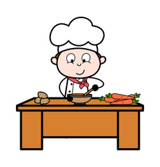 Preparing Food - Cartoon Waiter Male Chef Vector Illustration