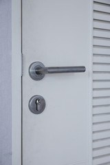 Steel door handle and white door.