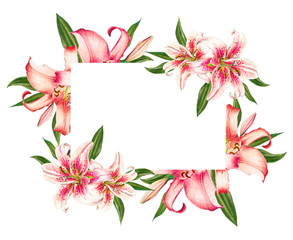 Beautiful pink lily frame. Bouquet of flowers. Floral print. Marker drawing. Watercolor painting. Wedding and birthday festive composition. Greeting card. Painted background. Hand drawn illustration.