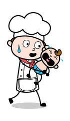 Holding a Crying Baby - Cartoon Waiter Male Chef Vector Illustration