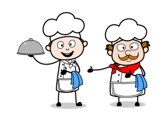 Presenting a New Dish - Cartoon Waiter Male Chef Vector Illustration
