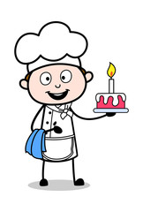 Presenting a Birthday Cake - Cartoon Waiter Male Chef Vector Illustration