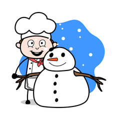 Standing with Snowman - Cartoon Waiter Male Chef Vector Illustration