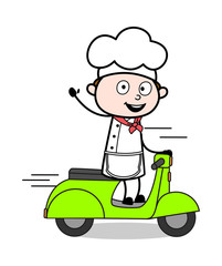 Riding Scooter and Gesturing with Hand - Cartoon Waiter Male Chef Vector Illustration