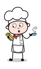 Chef Holding a Book and Coffee - Cartoon Waiter Male Chef Vector Illustration