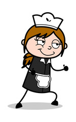 Ready to Go with Smiling Face - Retro Cartoon Waitress Female Chef Vector Illustration