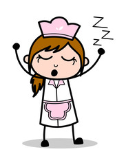 Yawning - Retro Cartoon Waitress Female Chef Vector Illustration