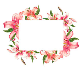 Beautiful pink lily frame. Bouquet of flowers. Floral print. Marker drawing. Watercolor painting. Wedding and birthday festive composition. Greeting card. Painted background. Hand drawn illustration.
