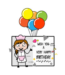 Presenting Birthday Wish Greeting - Retro Cartoon Waitress Female Chef Vector Illustration