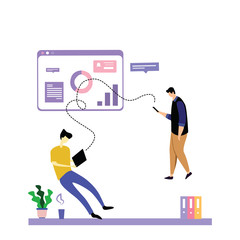 People flying and interacting with graphs and papers. Business and workflow management. template Vector Illustration