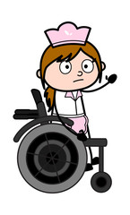 Sitting on Wheel Chair and Gesturing with Hand - Retro Cartoon Waitress Female Chef Vector Illustration