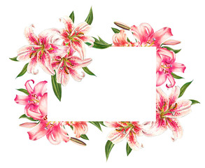 Beautiful pink lily frame. Bouquet of flowers. Floral print. Marker drawing. Watercolor painting. Wedding and birthday festive composition. Greeting card. Painted background. Hand drawn illustration.