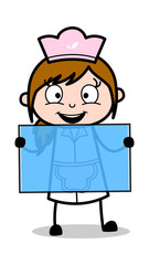 Showing Blank Glass Banner - Retro Cartoon Waitress Female Chef Vector Illustration