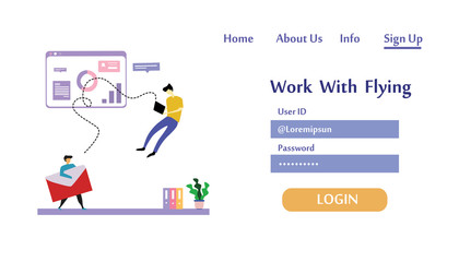 People flying and interacting with graphs and papers. Business and workflow management. Landing page template Vector Illustration