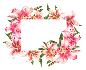 Beautiful pink lily frame. Bouquet of flowers. Floral print. Marker drawing. Watercolor painting. Wedding and birthday festive composition. Greeting card. Painted background. Hand drawn illustration.