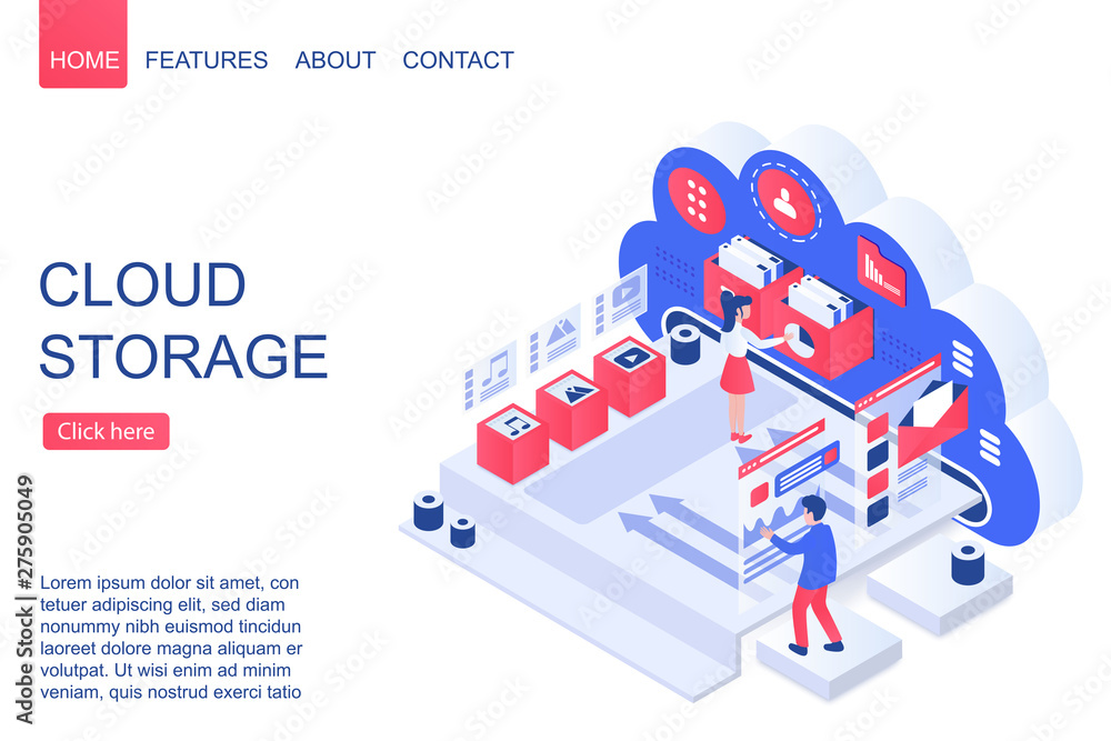 Fototapete Cloud storage isometric vector landing page template. Data backup and web hosting website design layout. Digital server, database and cloud computing services 3d concept. Data uploading and webstorage