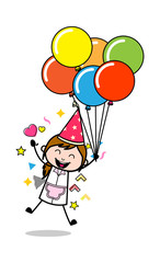 Jumping with Balloons - Retro Cartoon Waitress Female Chef Vector Illustration