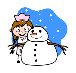 Standing with Snowman - Retro Cartoon Waitress Female Chef Vector Illustration
