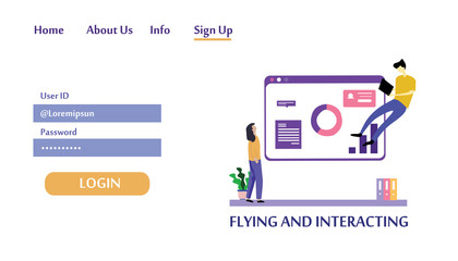 People flying and interacting with graphs and papers. Business and workflow management. Landing page template Vector Illustration